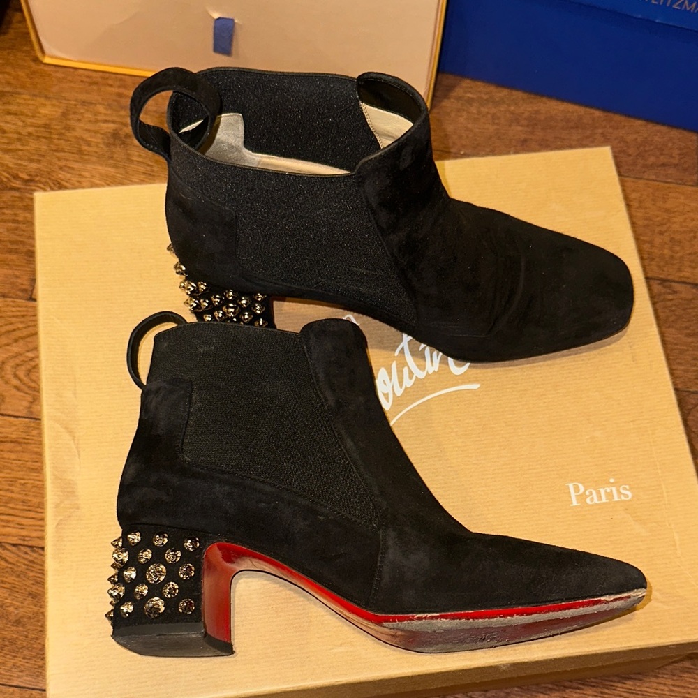 Louboutin Suede Ankle Boots with Studded Heels